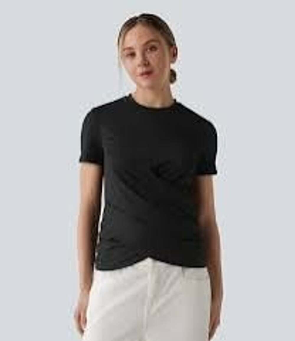 Halara Round Neck Short Sleeve Wrap Top Size XS Black